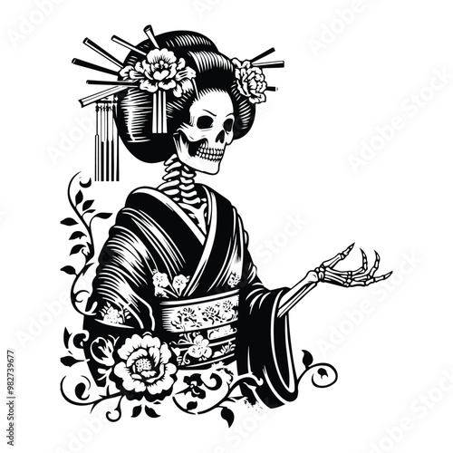 geisha skeleton with victorian flourish decoration in black and white illustrations, cutout graphic