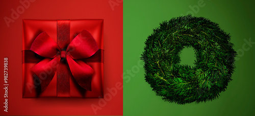 Rotes Geschenk vor Rotem Hintergrund und Adventskranz vor Grünem Hintergrund