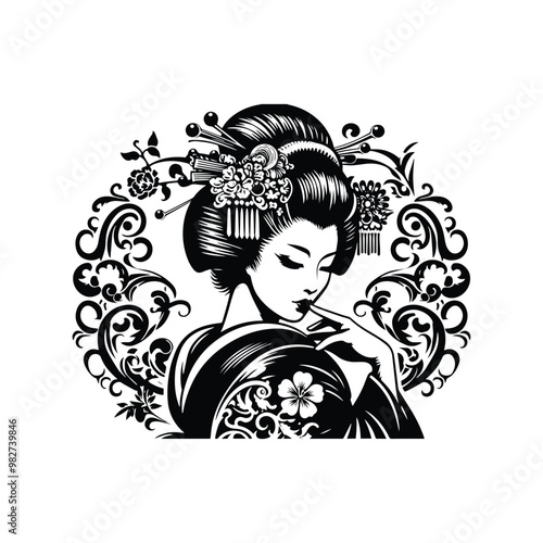 geisha inside victorian flourish, in black and white illustrations, cutout graphic