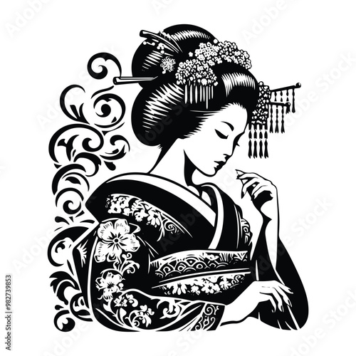 geisha with victorian flourish decoration in black and white illustrations, cutout graphic