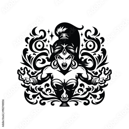 Genie female with victorian flourish in black and white illustrations, cutout graphic black and white illustration