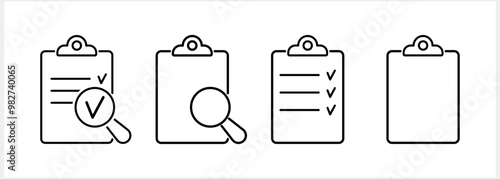 Clip board icon. Check form sheet sign. Clipboard checklist. Quality Control stroke. Web icon set. Vector stock illustration