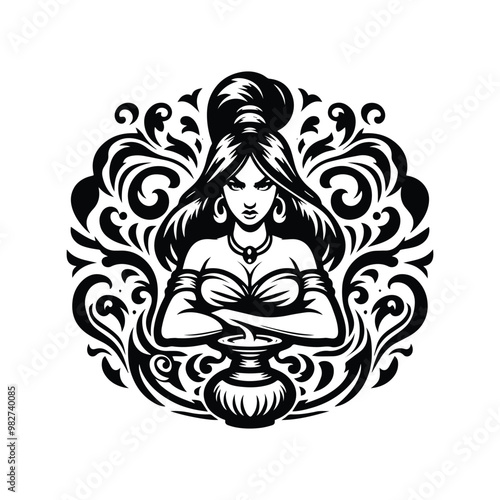 Genie female with victorian flourish in black and white illustrations, cutout graphic black and white illustration