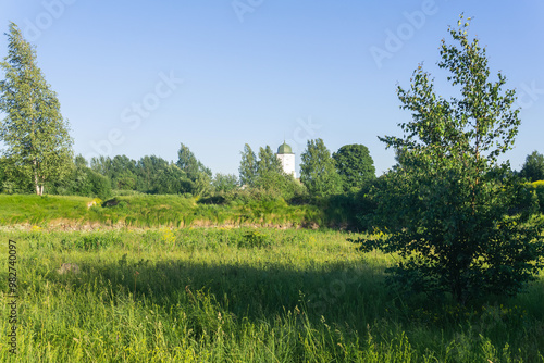 sunny landscape with stone walls among grass, ruins of ancient fortifications and a castle tower in the distance photo