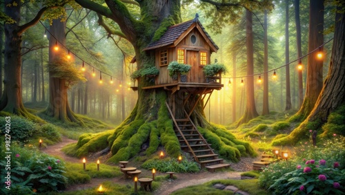 Magical wooden fairy tree house nestled in the enchanted woods, fairy, tree, house, magical, enchanted, woods