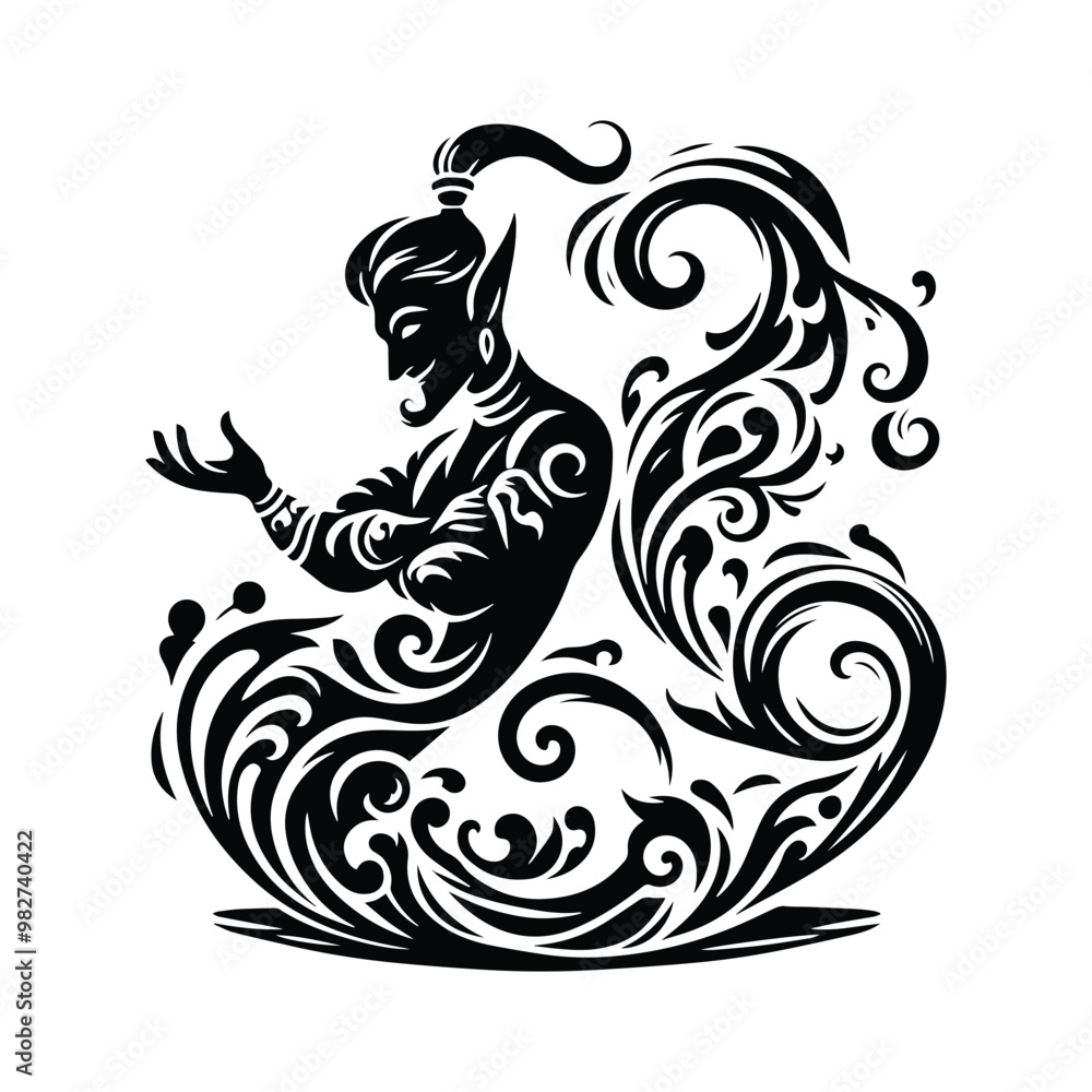 Obraz premium Genie with victorian flourish decoration in black and white illustrations, cutout graphic