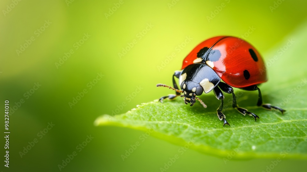 Fototapeta premium A detailed close-up of a ladybug on a green leaf, highlighting its bright red shell and black spots against a blurred background.