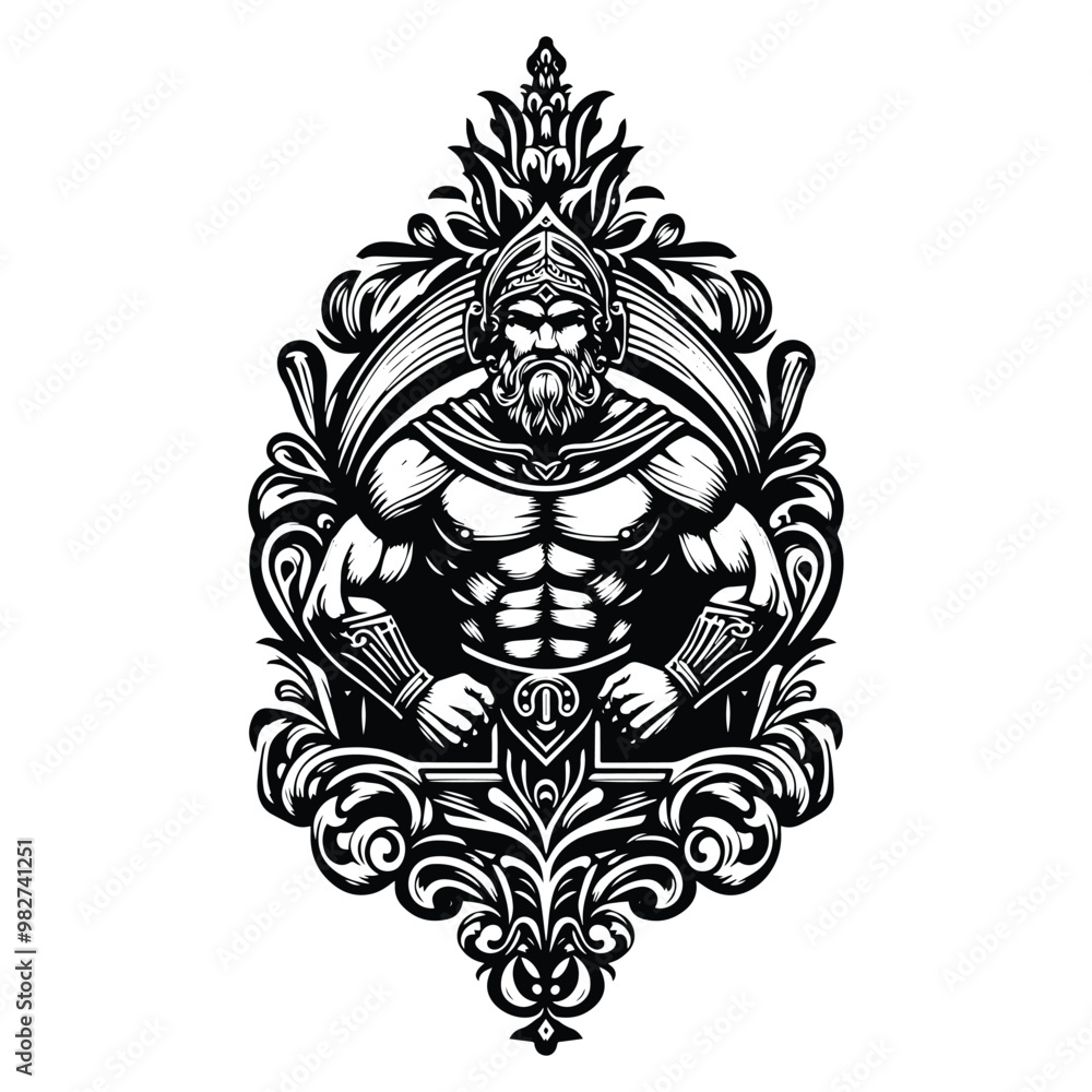Gilgamesh with victorian flourish decoration in black and white illustrations, cutout graphic Gilgamesh with victorian flourish decoration in black and white illustrations, cutout graphic