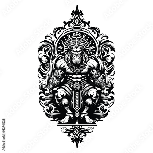 Gilgamesh with victorian flourish decoration in black and white illustrations, cutout graphic