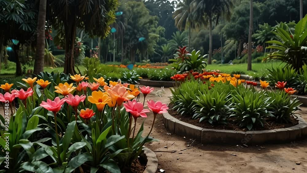 Close-up of vibrant pink and orange flowers with raindrops in a lush green garden,video Close-up of vibrant pink and orange flowers with raindrops in a lush green garden,video