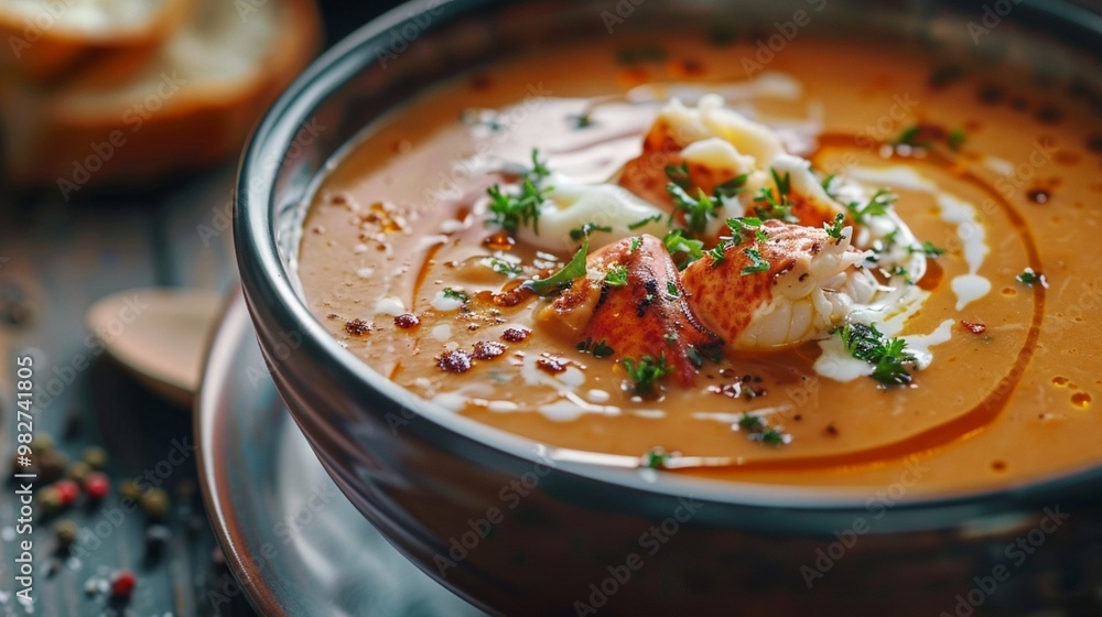 Lobster bisque garnished with a swirl of cream. Lobster bisque garnished with a swirl of cream.