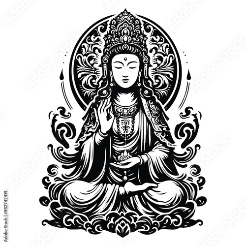 Guan Yin goddess with victorian flourish decoration in black and white illustrations, cutout graphic