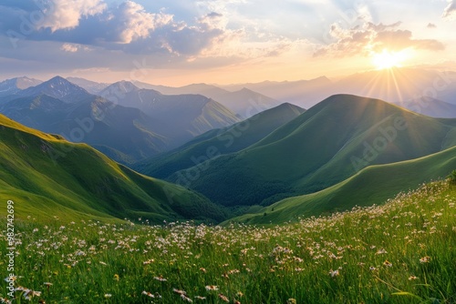 Panoramic view of the green mountains and hills at sunset. Gumbashi Pass in North Caucasus, Russia. Beautiful summer landscape , ai photo