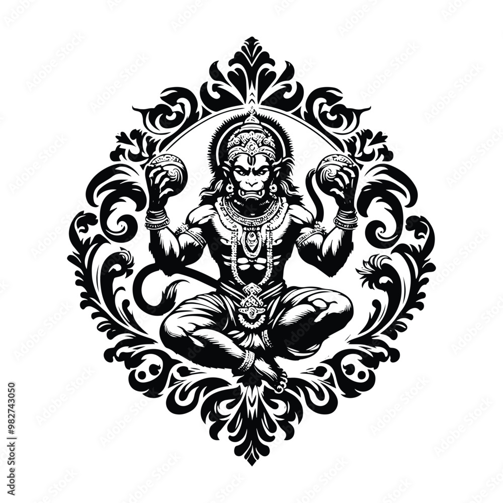 Fototapeta premium hanuman hindu god with victorian flourish decoration in black and white illustrations, cutout graphic