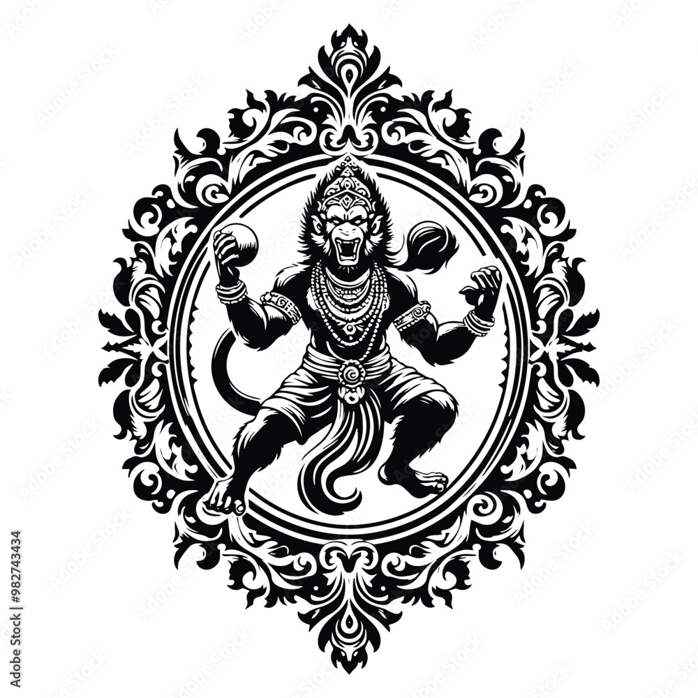 hanuman hindu god with victorian flourish decoration in black and white illustrations, cutout graphic hanuman hindu god with victorian flourish decoration in black and white illustrations, cutout graphic