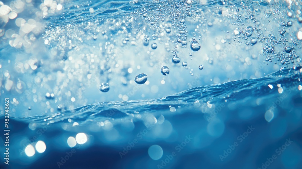 Close-up of oxygen bubbles underwater in crystal-clear blue water, with sparkling reflections creating a serene atmosphere Close-up of oxygen bubbles underwater in crystal-clear blue water, with sparkling reflections creating a serene atmosphere