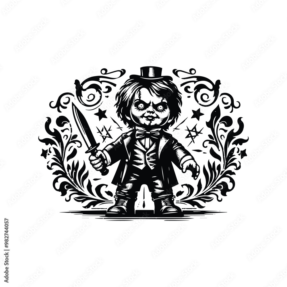 haunted doll holding knife male horror with victorian flourish in black and white illustrations, cutout graphic black and white illustration haunted doll holding knife male horror with victorian flourish in black and white illustrations, cutout graphic black and white illustration