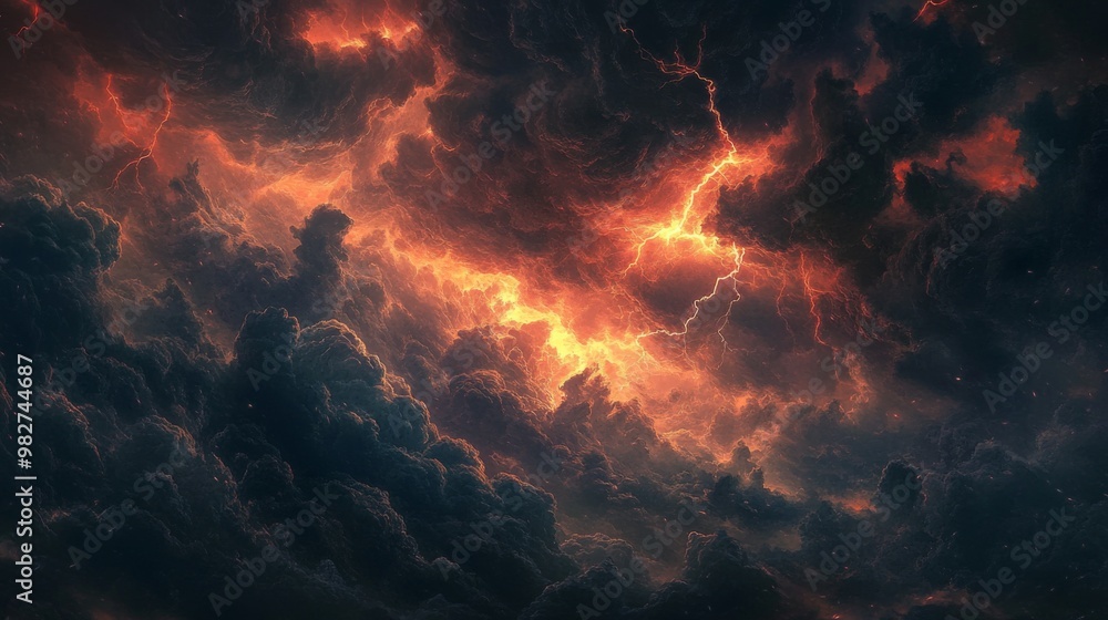 A dramatic sky filled with dark, swirling storm clouds and lightning bolts flashing across the horizon, creating a powerful and intense scene. A dramatic sky filled with dark, swirling storm clouds and lightning bolts flashing across the horizon, creating a powerful and intense scene.