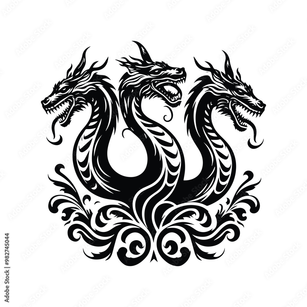 Fototapeta premium hydra dragon with victorian flourish decoration in black and white illustrations, cutout graphic