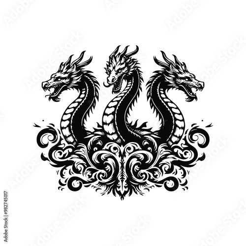 hydra dragon with victorian flourish decoration in black and white illustrations, cutout graphic