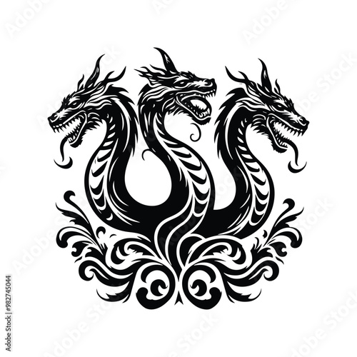 hydra dragon with victorian flourish decoration in black and white illustrations, cutout graphic