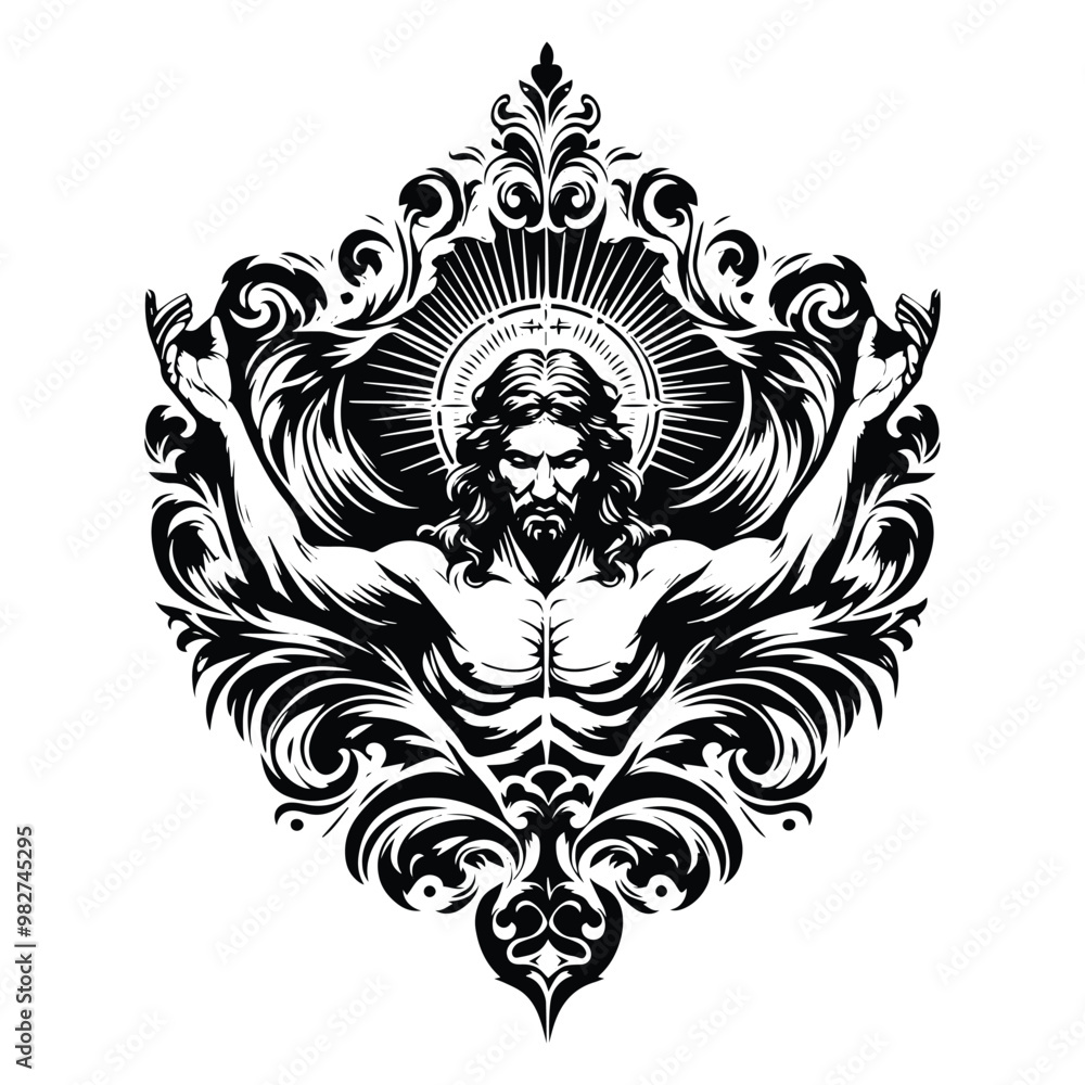 Fototapeta premium Jesus with victorian flourish decoration in black and white illustrations, cutout graphic