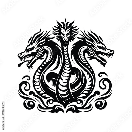 hydra dragon with victorian flourish decoration in black and white illustrations, cutout graphic