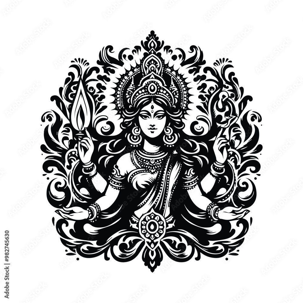 Fototapeta premium kali goddess with victorian flourish decoration in black and white illustrations, cutout graphic