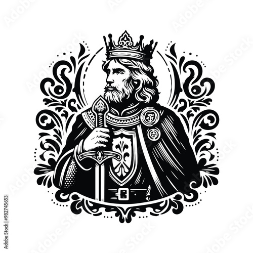 King Arthur with victorian flourish decoration in black and white illustrations, cutout graphic