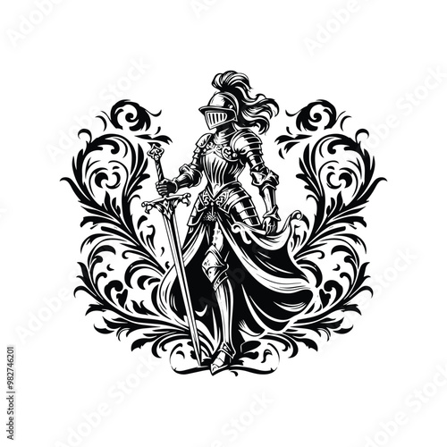 Wallpaper Mural knight female inside victorian flourish, in black and white illustrations, cutout graphic Torontodigital.ca