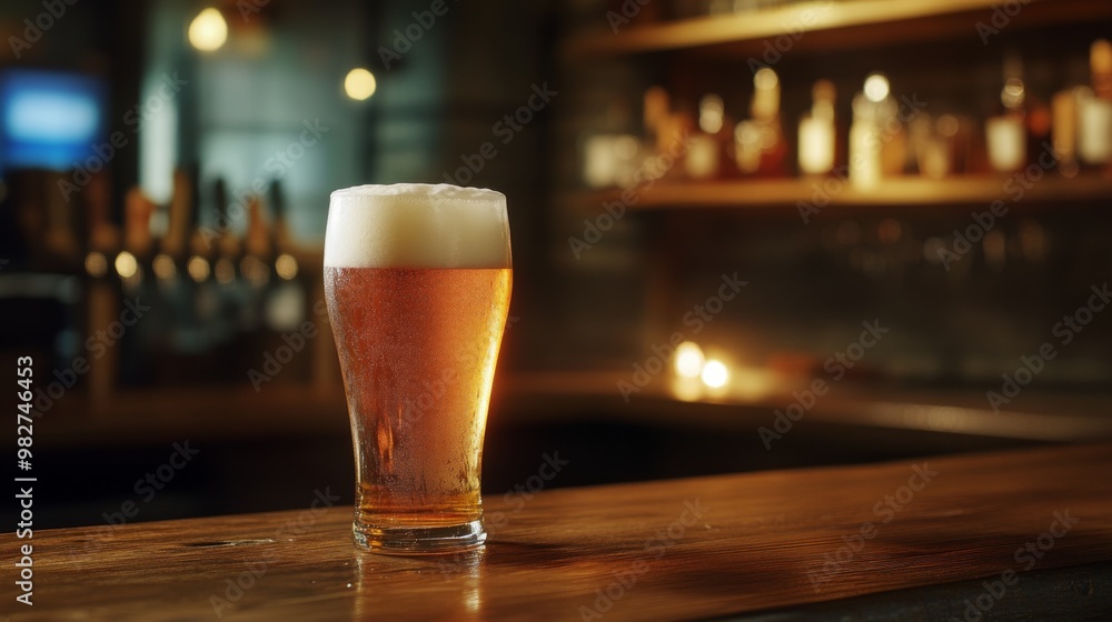 A frosty glass of beer with a perfect foam head, set on a wooden bar counter with soft, ambient lighting. A frosty glass of beer with a perfect foam head, set on a wooden bar counter with soft, ambient lighting.