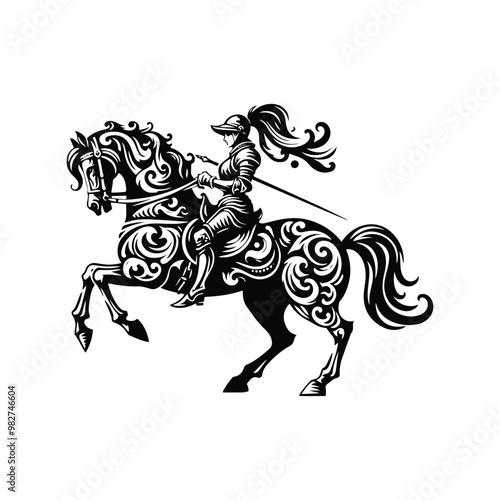 knight riding horse female with victorian flourish decoration in black and white illustrations, cutout graphic