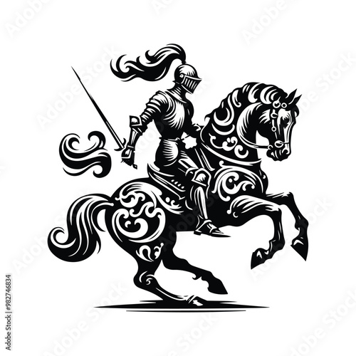 knight riding horse female with victorian flourish decoration in black and white illustrations, cutout graphic