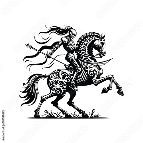 Wallpaper Mural knight riding horse skeleton with victorian flourish decoration in black and white illustrations, cutout graphic h Torontodigital.ca