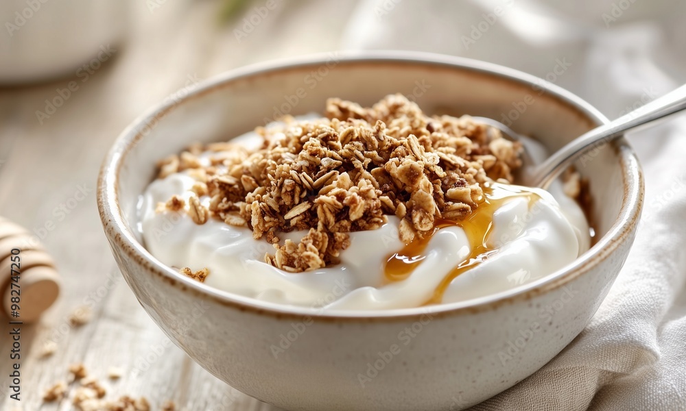 white ceramic bowl of creamy yogurt, topped with granola and honey drizzle, a metal spoon
white ceramic bowl of creamy yogurt, topped with granola and honey drizzle, a metal spoon