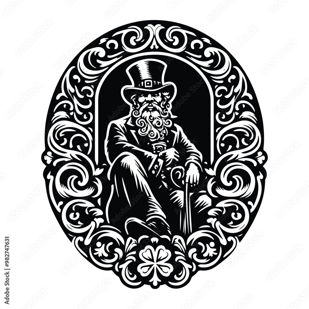 Leprechaun with victorian flourish, in black and white illustrations, cutout graphic Leprechaun with victorian flourish, in black and white illustrations, cutout graphic