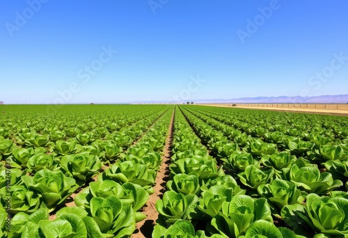 Rows of Green Lettuce Growing in a Field Under a Blue Sky