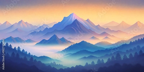 Peaceful Misty Mountains in Soft Morning Light with Atmospheric Texture 