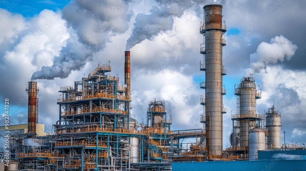 Fototapeta premium Industrial plant emissions under a cloudy sky, representing the environmental impact of chemical production