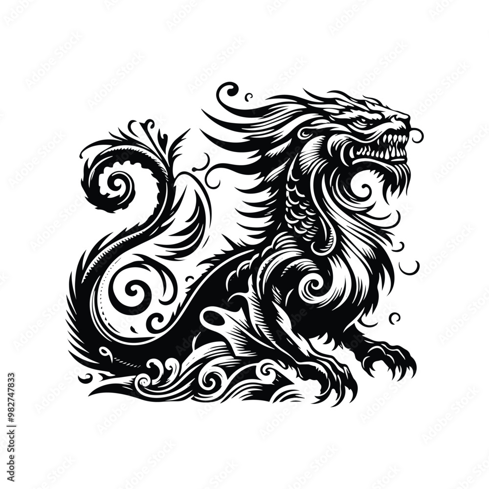 Obraz premium Leviathan with victorian flourish decoration in black and white illustrations, cutout graphic