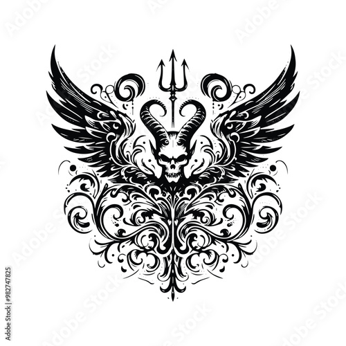 Lucifer with victorian flourish decoration in black and white illustrations, cutout graphic