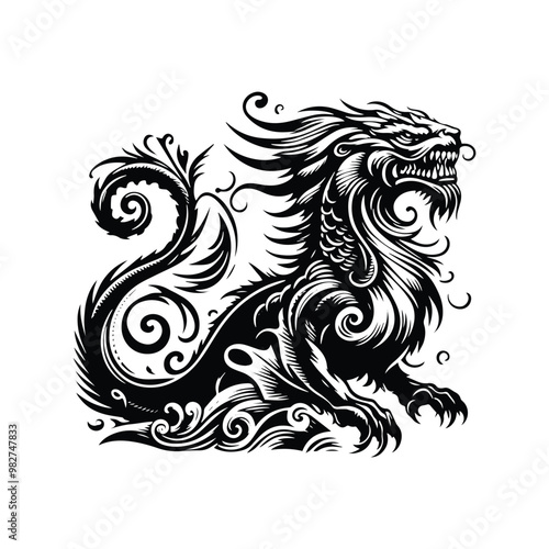 Leviathan with victorian flourish decoration in black and white illustrations, cutout graphic