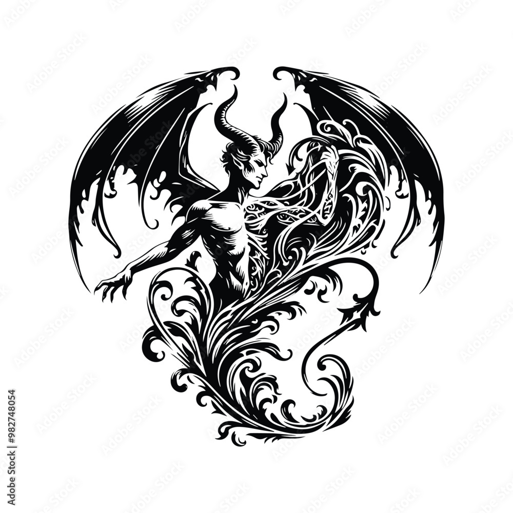 Obraz premium Lucifer with victorian flourish, in black and white illustrations, cutout graphic