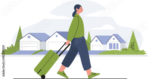 A businesswoman is walking carrying a suitcase on the road. Vector illustration.