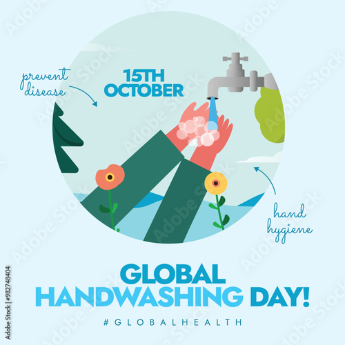 Global Handwashing Day. 15th October Handwashing day celebration banner with a boy washing his hands under tap water. The day remind people about the importance of hand hygiene to stay health.