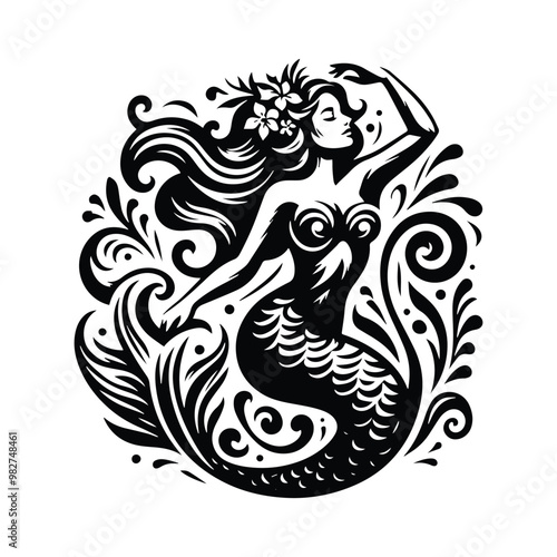 Wallpaper Mural Mermaid with victorian flourish decoration in black and white illustrations, cutout graphic Torontodigital.ca