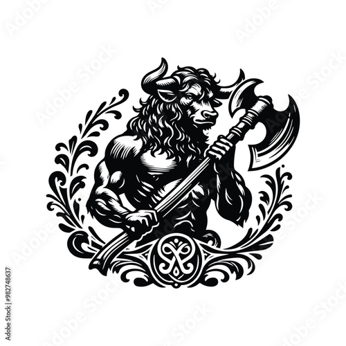 Minotaur creature holding axe with victorian flourish decoration in black and white illustrations, cutout graphic