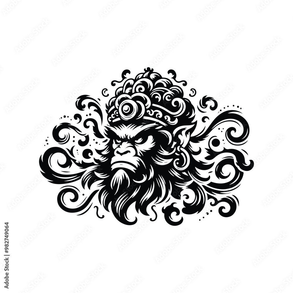 monkeyking Sun Wukong with victorian flourish decoration in black and white illustrations, cutout graphic monkeyking Sun Wukong with victorian flourish decoration in black and white illustrations, cutout graphic
