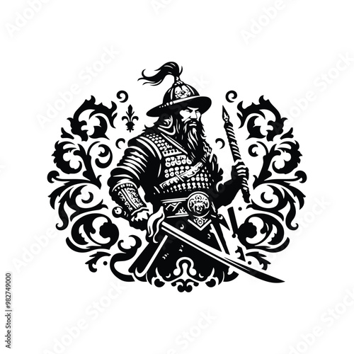 Mongols warrior with victorian flourish decoration in black and white illustrations, cutout graphic
