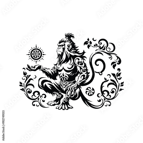 monkeyking Sun Wukong with victorian flourish decoration in black and white illustrations, cutout graphic